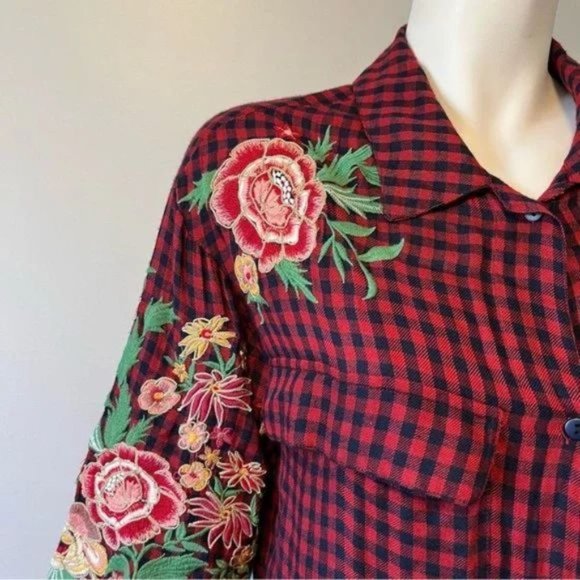 Zara trf Duster Tunic Dress Red Navy Plaid Embroidered Floral Belted size XS - Picture 10 of 14